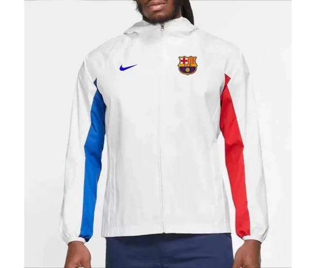 FC Barcelona Mens AWF Raglan Hoodie Football Jacket White 2023-24